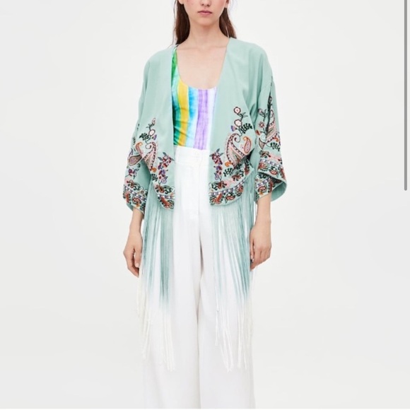 Zara Light Green Embroidered Fringe Kimono - Picture 7 of 14